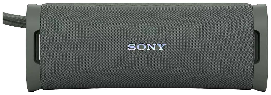 Enceinte portable Sony rectangulaire de couleur gris foncé, avec un motif quadrillé et un petit logo au centre.