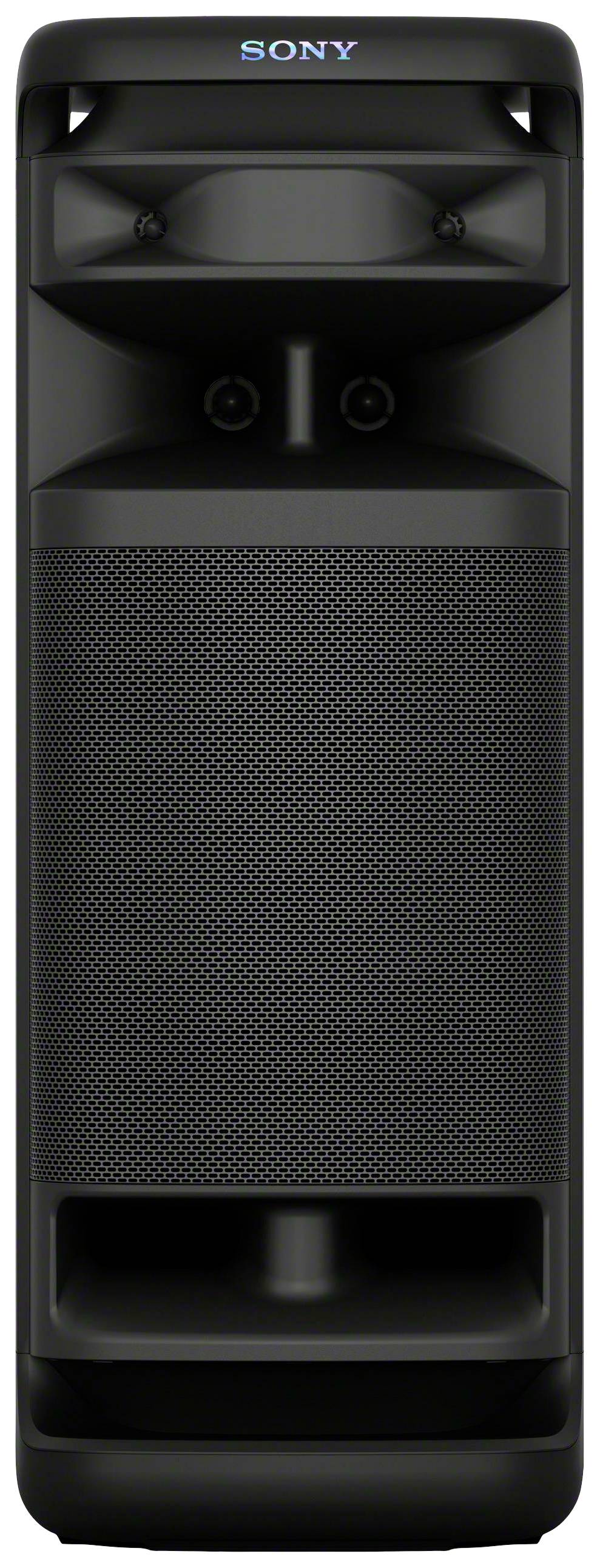 Un haut-parleur Sony noir au design robuste, mis en valeur par de grandes ouvertures de ventilation et plusieurs pilotes sonores pour un son optimal.