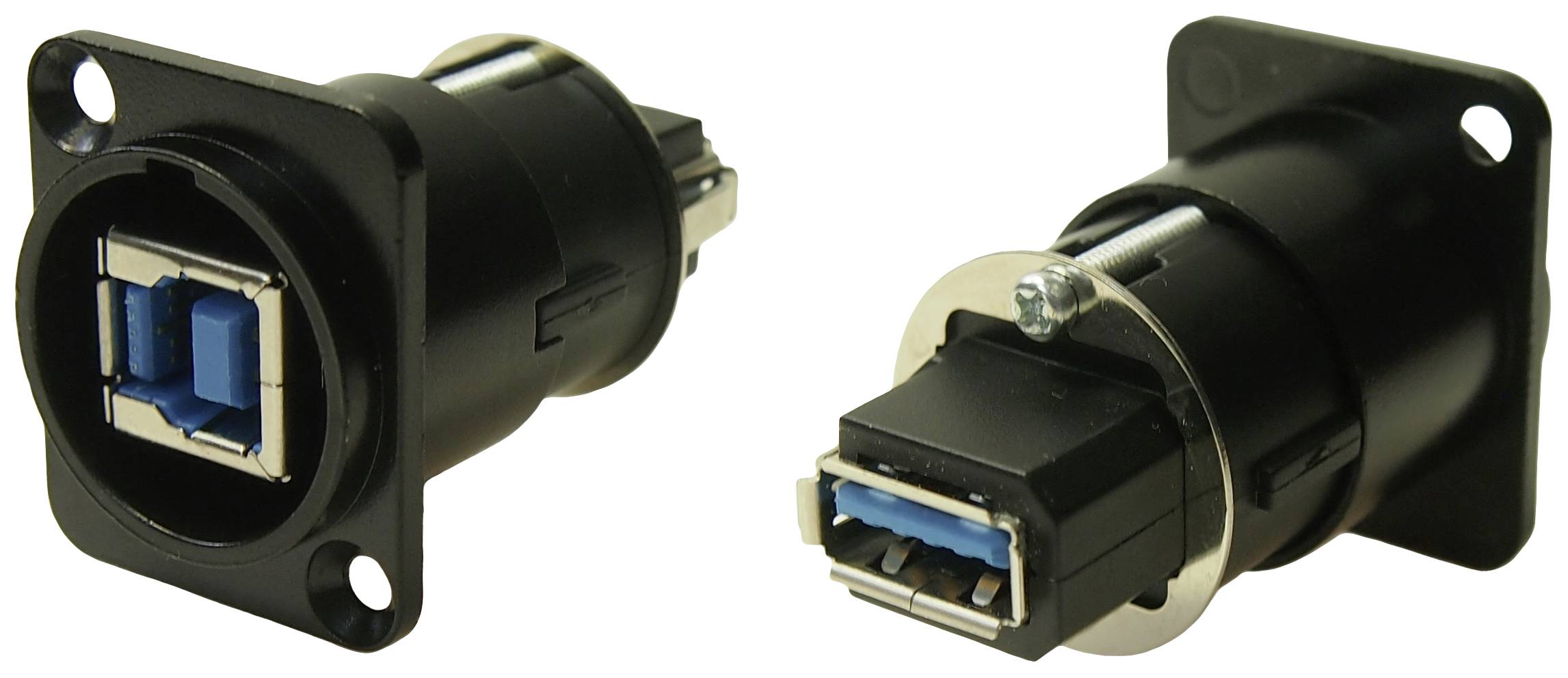 Deux ports USB, l'un mâle et l'autre femelle, dans un boîtier noir. Ils sont conçus pour être installés dans les panneaux avant des appareils.