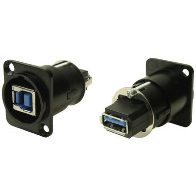 Deux ports USB, l'un mâle et l'autre femelle, dans un boîtier noir. Ils sont conçus pour être installés dans les panneaux avant des appareils.