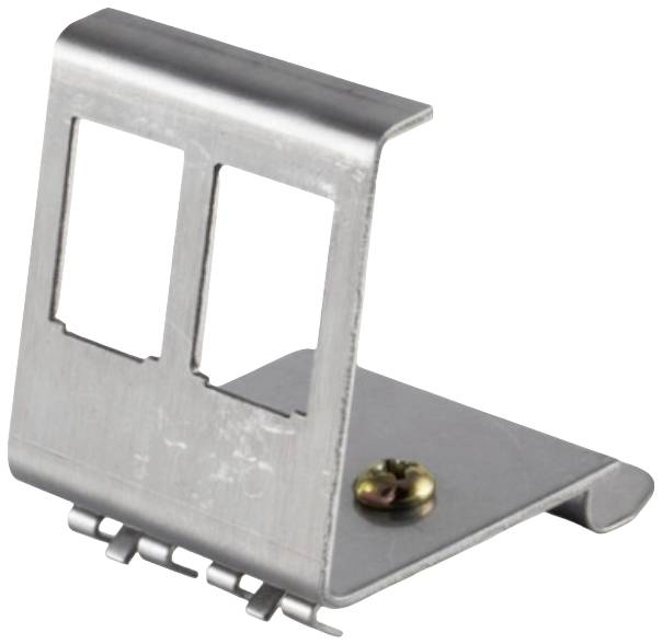 Support métallique avec deux découpes rectangulaires et une vis, probablement destiné à la fixation de composants.