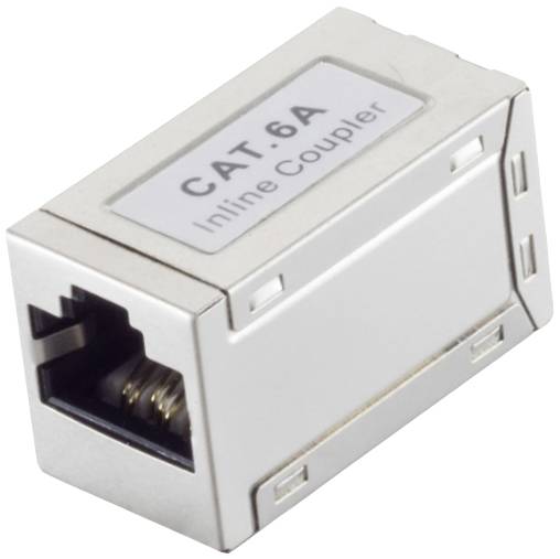 Coupleur en ligne CAT.6A, un adaptateur permettant de connecter deux câbles Ethernet, de forme rectangulaire avec une prise Ethernet sur chaque côté.