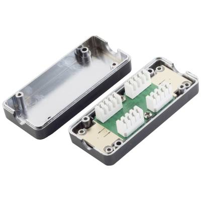 Composant électronique rectangulaire ouvert avec un circuit imprimé vert et plusieurs connexions blanches à l'intérieur.