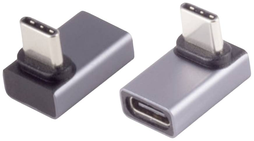 Deux adaptateurs USB-C sont placés côte à côte. L'un montre la fiche, l'autre la prise. Ils sont destinés au transfert de données et à la charge.