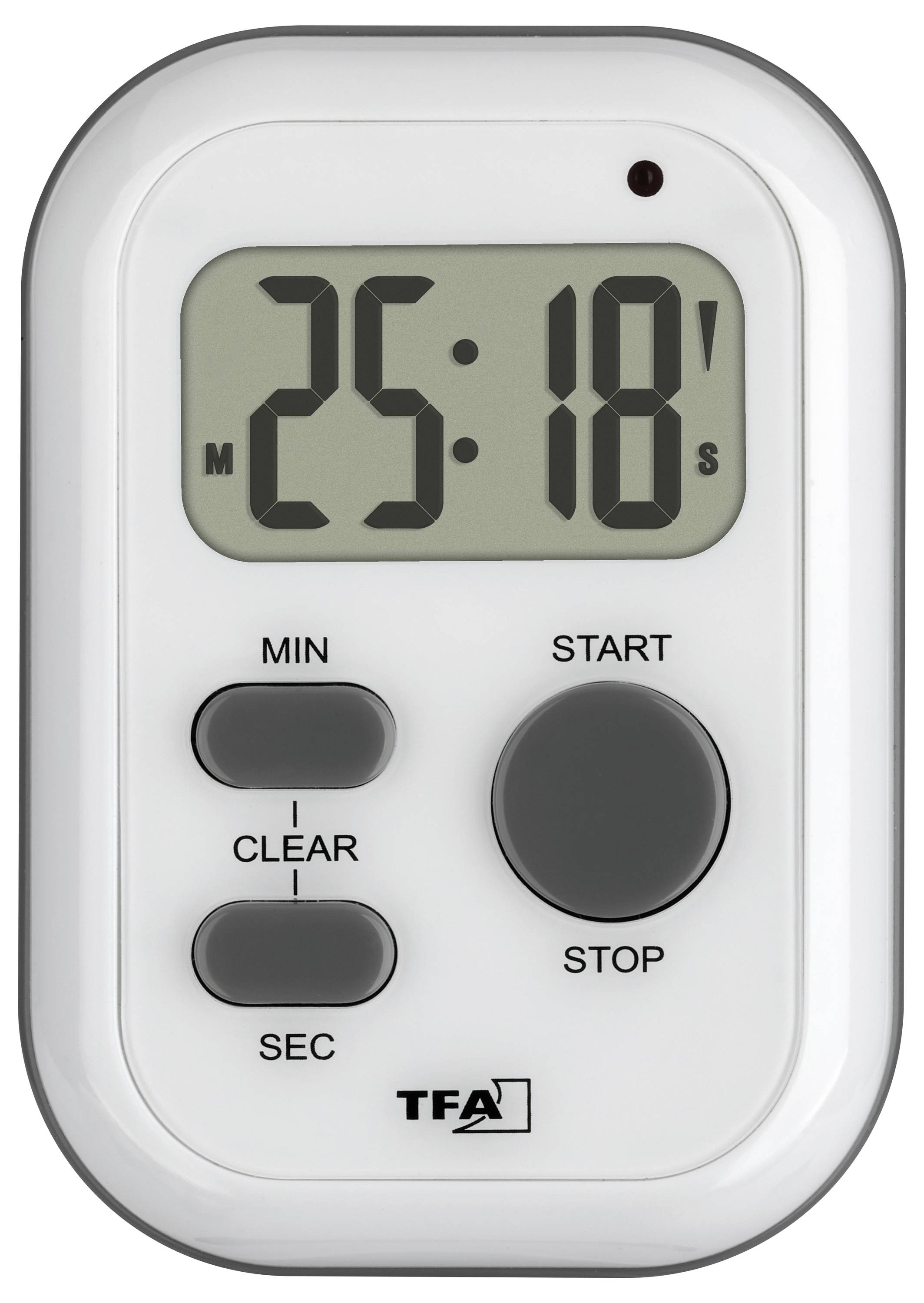 Minuterie électronique affichant 25 minutes et 18 secondes. Touches : 'Min', 'Clear', 'Sec', 'Start', 'Stop'. Marquée 'TFA'.