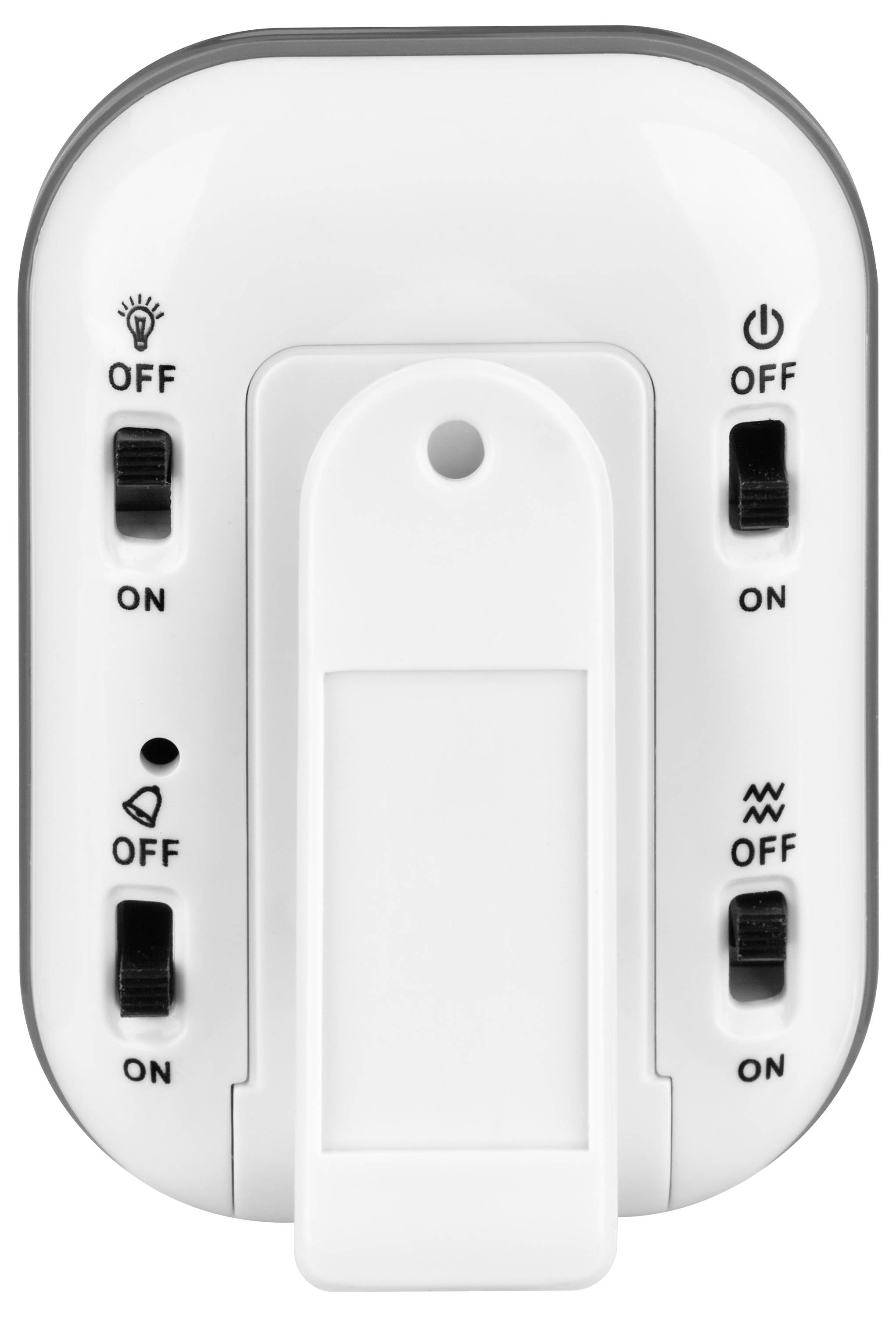 Interrupteur électrique blanc avec fonctions : lumière, signal d'alarme et deux modes de puissance, chacun avec des options 'ON' et 'OFF'.