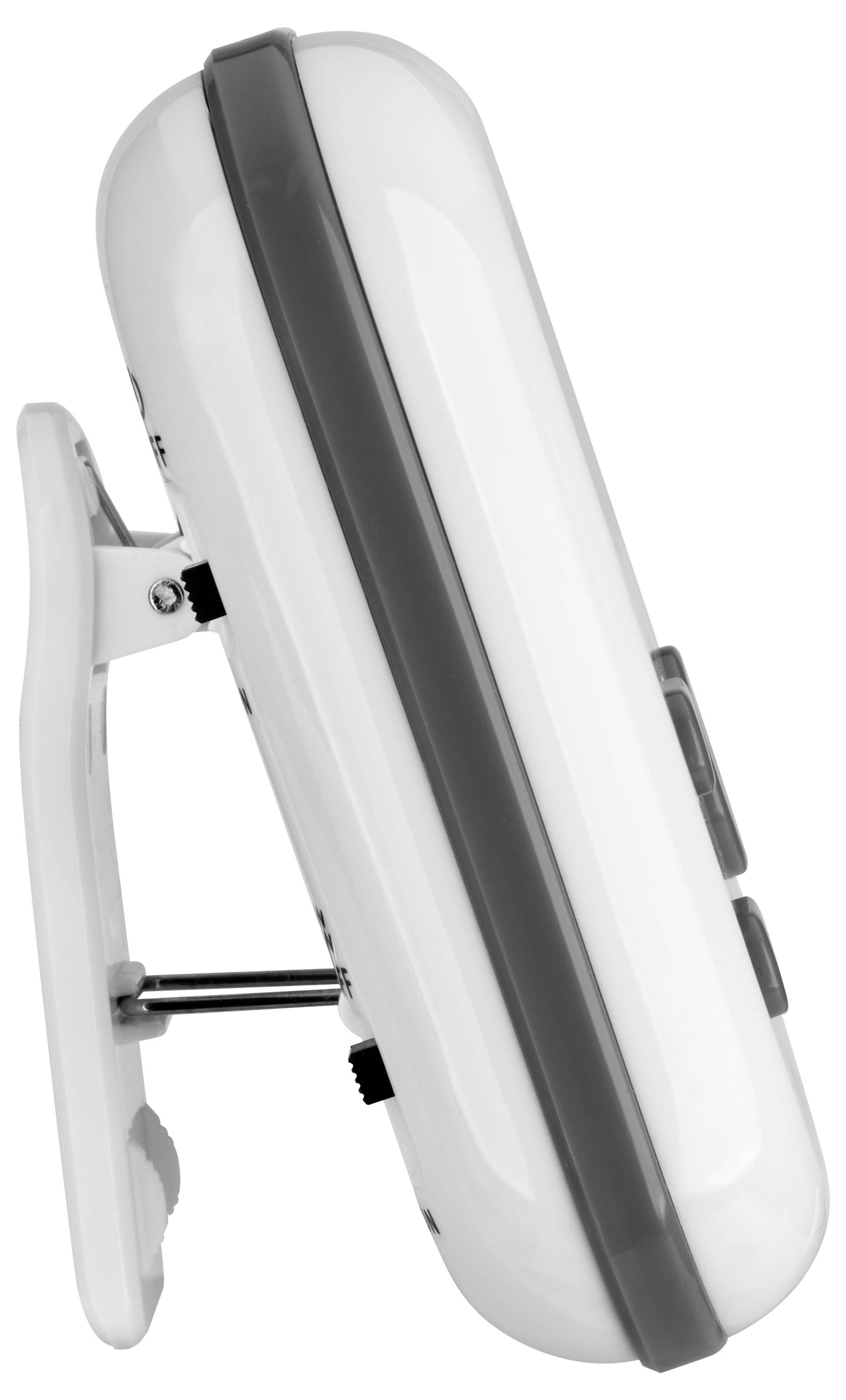 Un appareil électronique portable blanc et gris avec un clip latéral, posé sur une table.
