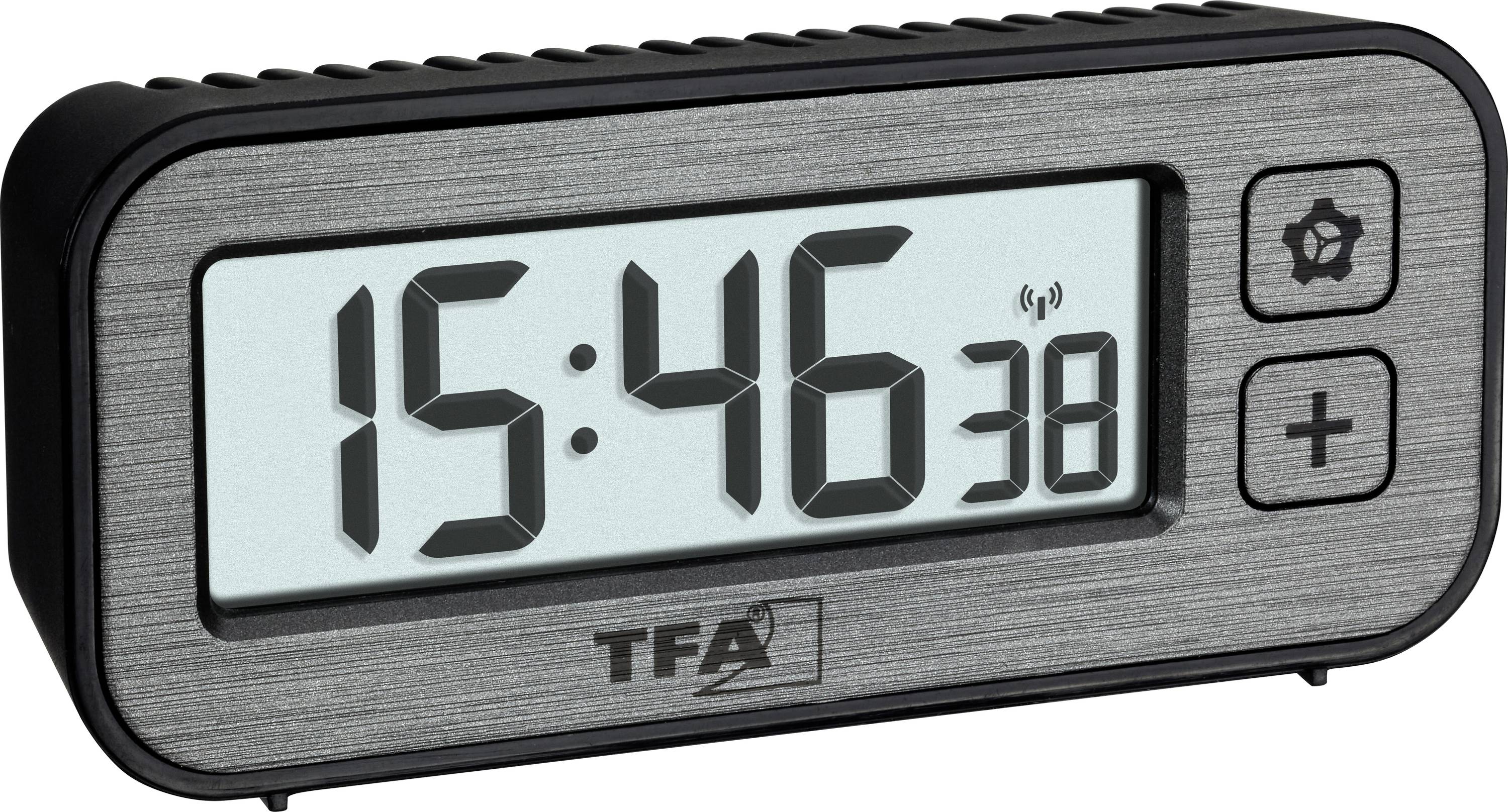 Horloge numérique de table affichant l'heure '15:46'. Comprend des éléments de commande symétriques sur la droite pour les réglages et les ajustements.