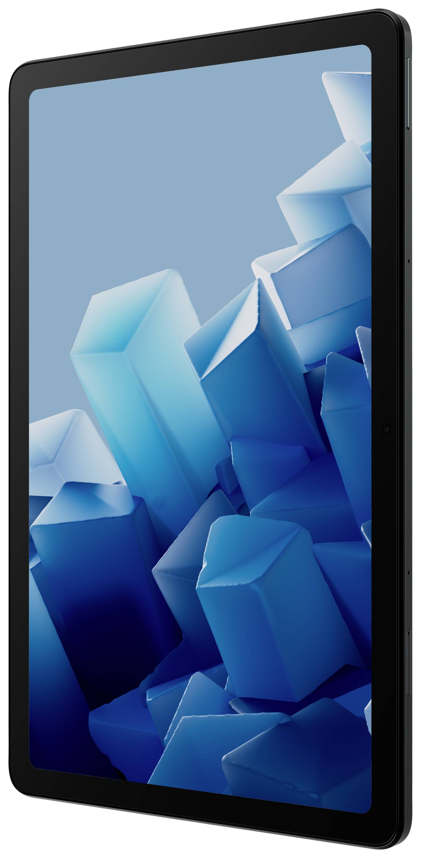 Une tablette avec un écran affichant des formes géométriques bleues abstraites.