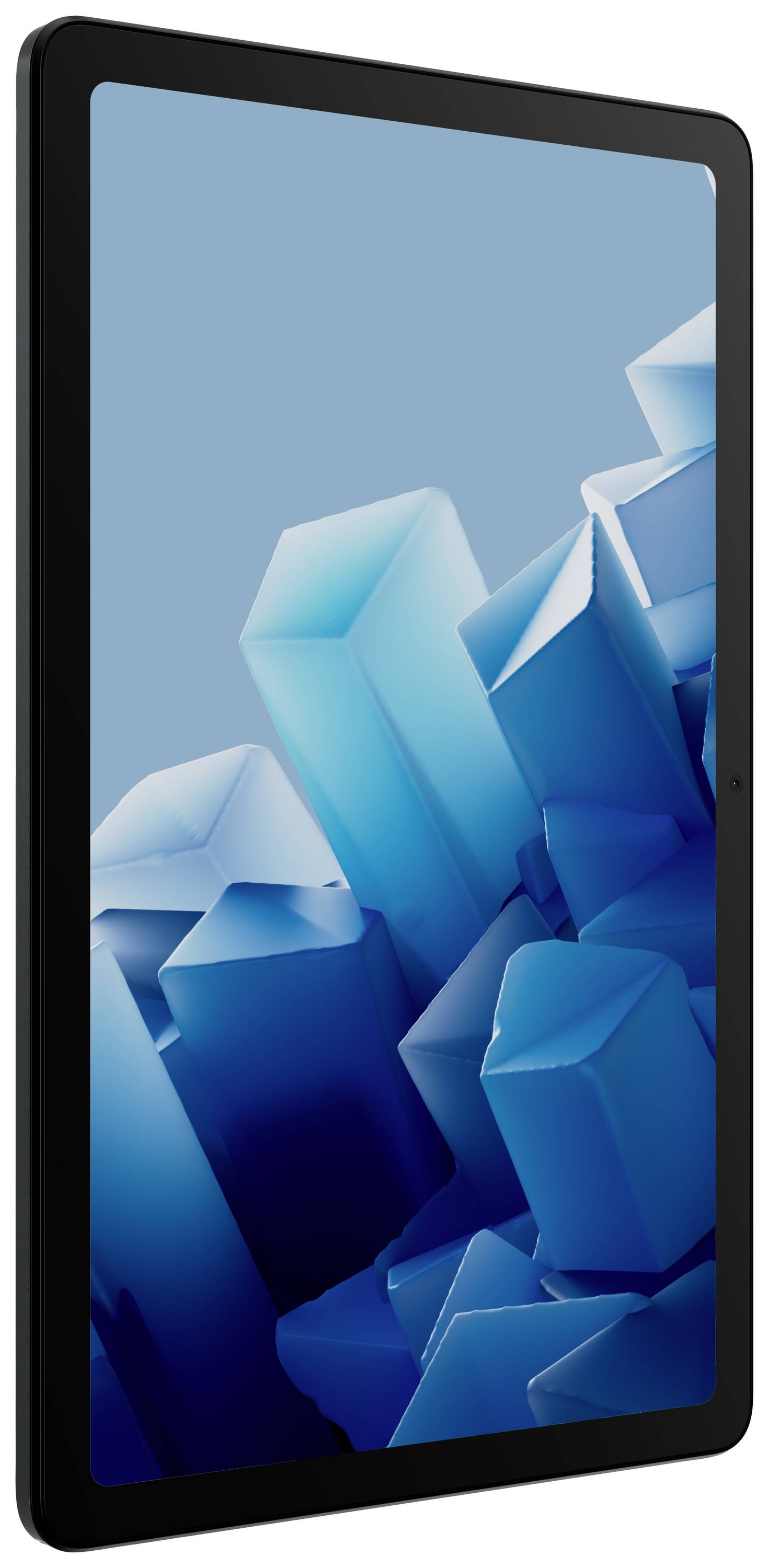 Une tablette noire avec un écran affichant des formes abstraites bleues sur un fond clair.