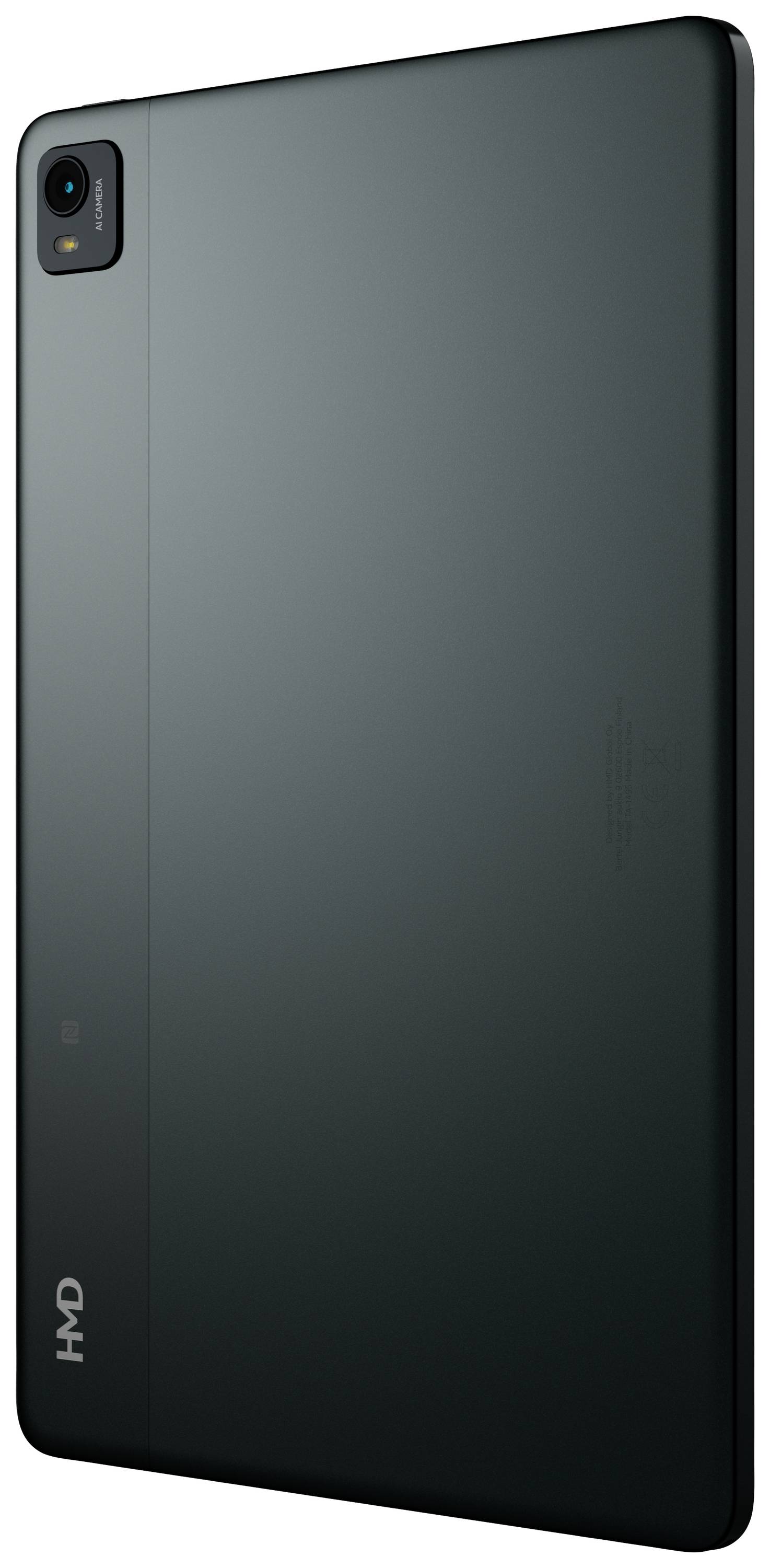 Vue arrière d'une tablette avec caméra dans le coin supérieur gauche et surface brillante noire.