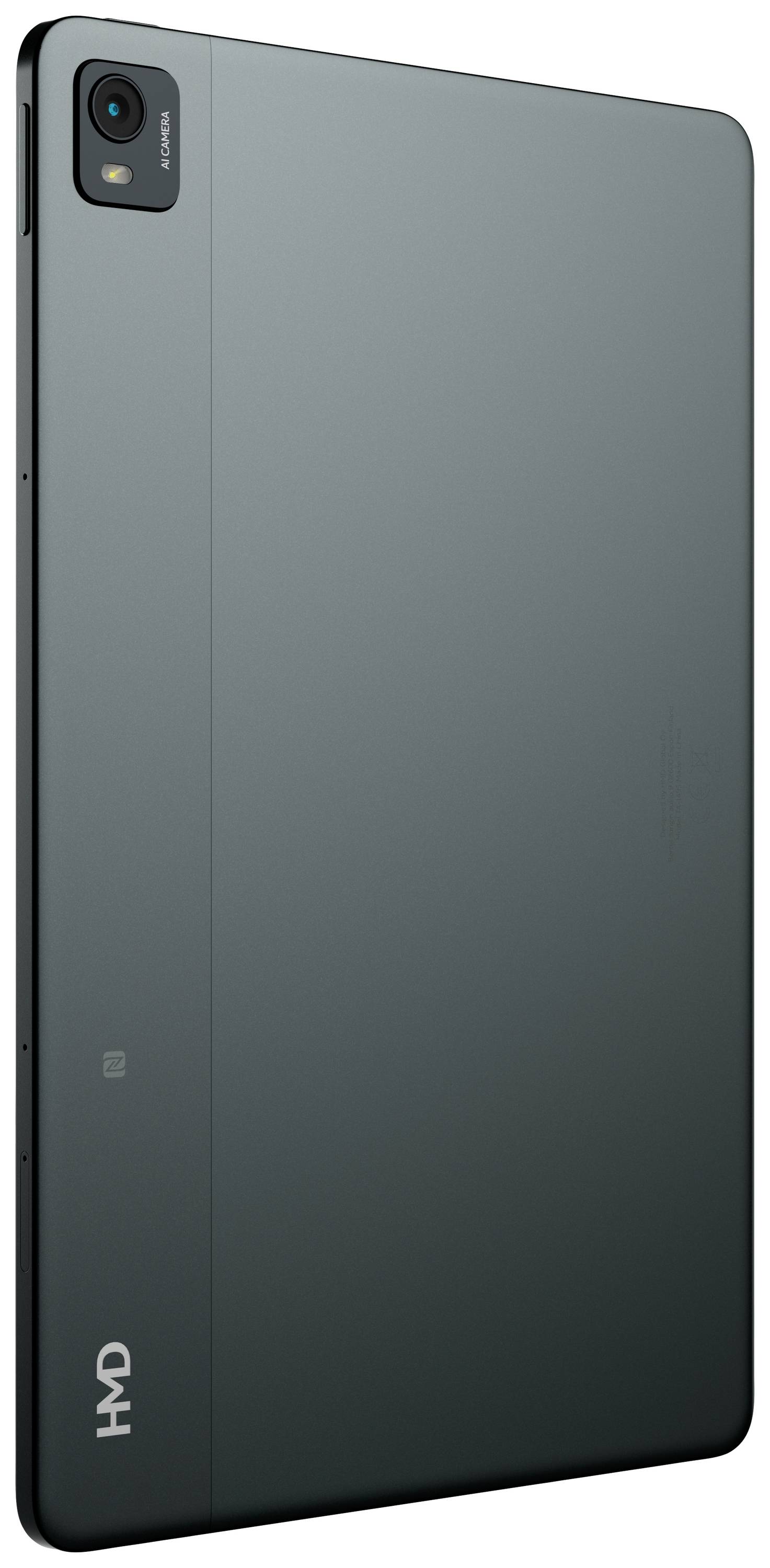 Vue arrière d'une tablette au boîtier sombre avec une caméra située en haut à gauche ; design moderne et minimaliste.