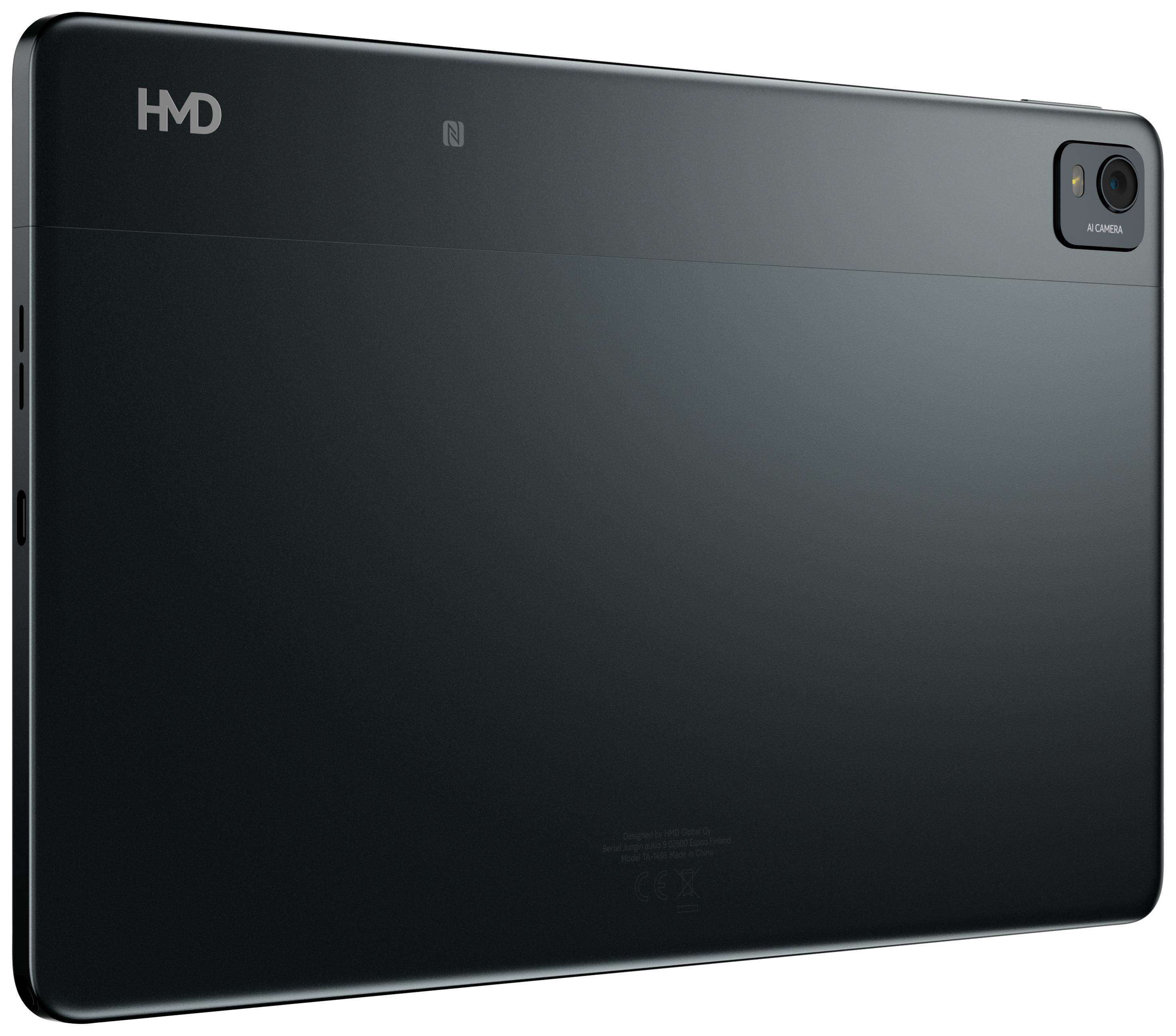 Une tablette moderne avec un appareil photo à l'arrière, au design épuré dans une couleur sombre.
