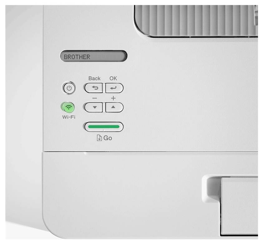 Une imprimante avec un affichage 'BROTHER', un symbole Wi-Fi et des touches de commande pour retour, OK, +/-, ainsi qu'une touche "Go" avec un voyant vert.