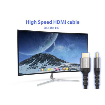 Téléviseur moderne avec une scène de montagne et des planètes à l'écran. À côté, un câble HDMI haute vitesse 8K.
