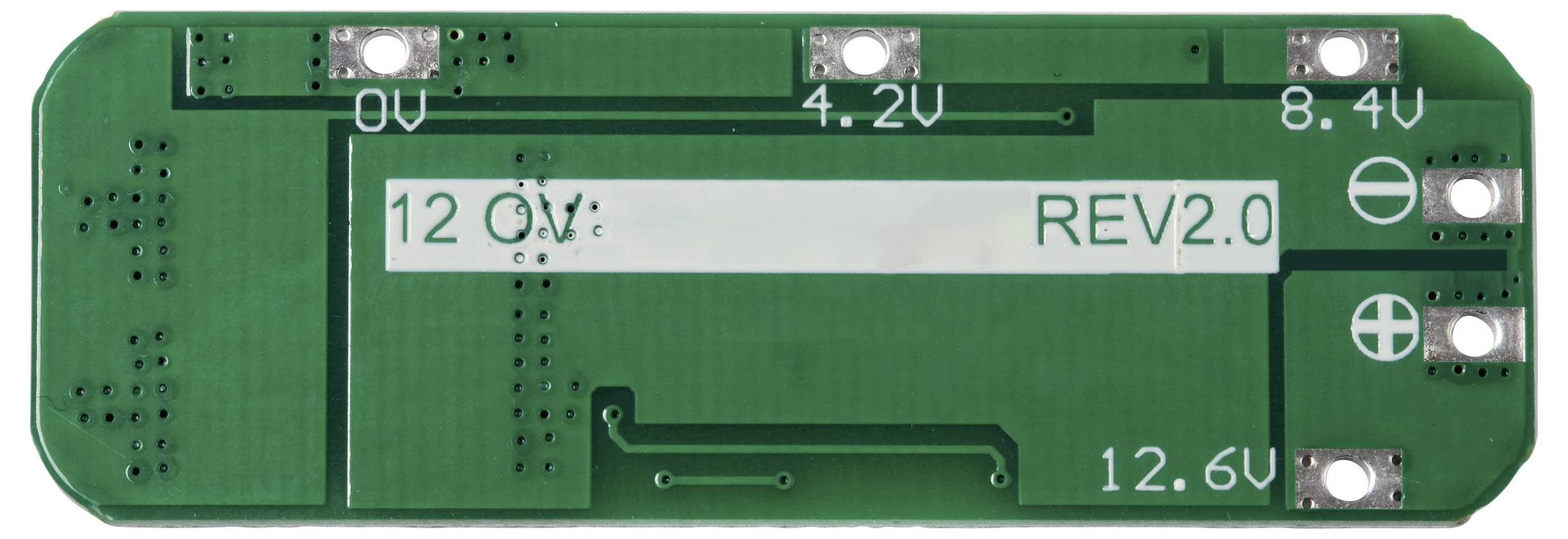 Carte de circuit imprimé avec les inscriptions '12.6V', '8.4V', '4.2V', '0V' et 'REV2.0'. Contient des points de connexion positifs et négatifs.