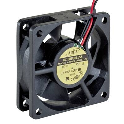 Ventilateur avec un cadre en plastique noir et des pales de rotor. L'autocollant indique 'DC Brushless Model AD06024XEB25T103'. Deux câbles sont connectés.