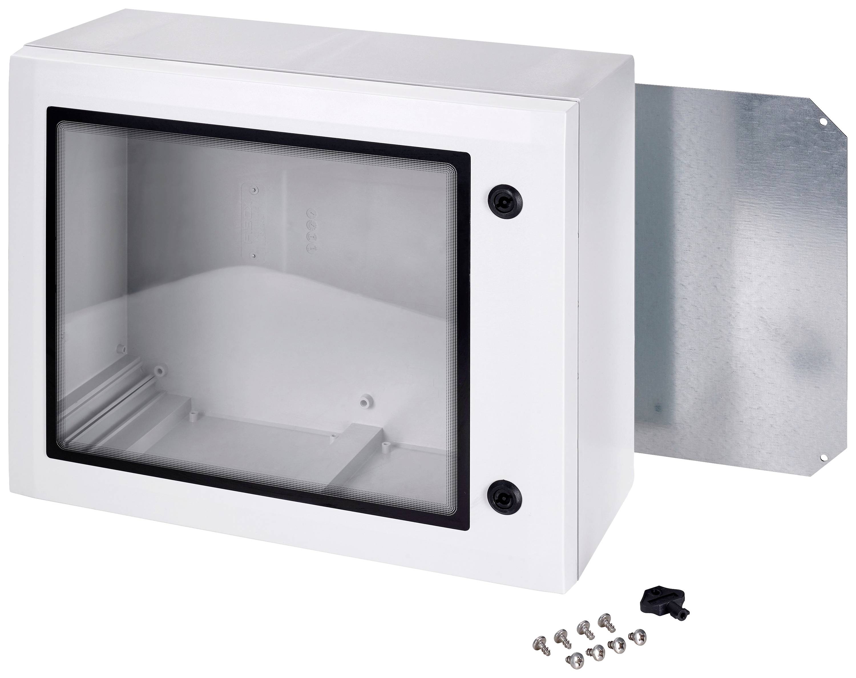 Un boîtier de protection blanc avec un avant transparent, monté sur une plaque métallique. Les vis de fixation sont posées séparément à côté.