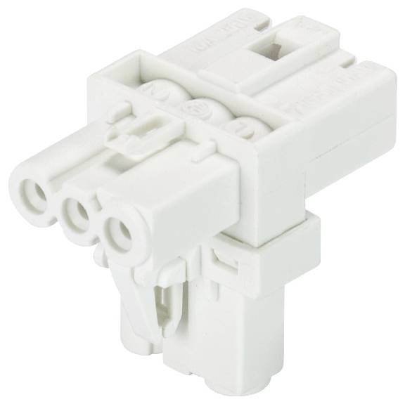 Une fiche blanche tripolaire de forme rectangulaire, utilisée pour les connexions électriques ou le câblage.