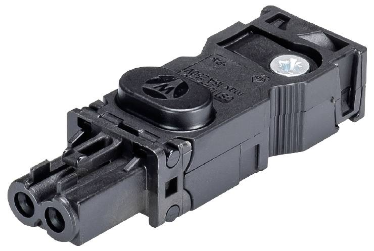 Connecteur électrique noir à deux bornes, fixation par vis et logo de marque sur le dessus.