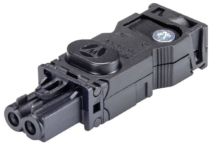 Un adaptateur électrique noir avec deux connexions rondes et un verrou à vis, destiné aux connexions dans les appareils techniques.