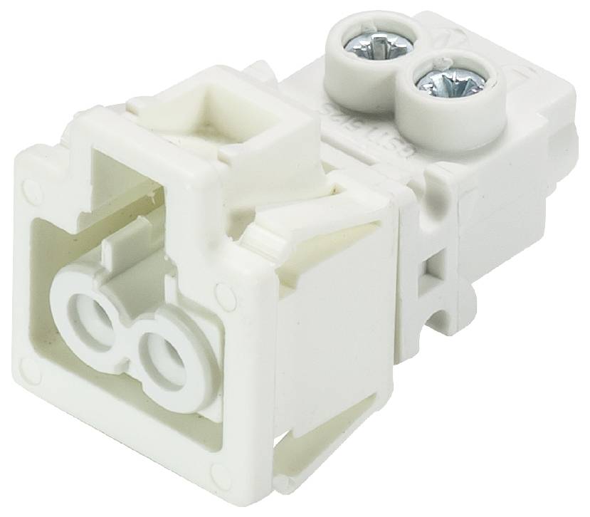 Un connecteur électrique blanc avec deux bornes à vis, adapté pour la connexion de fils dans les installations électriques.