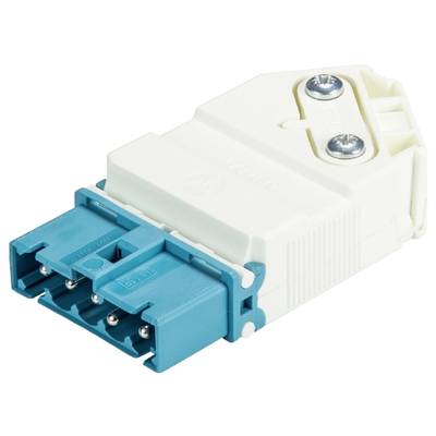 Un connecteur électrique blanc et bleu avec un verrouillage à vis, adapté aux applications techniques et aux connexions de câbles.