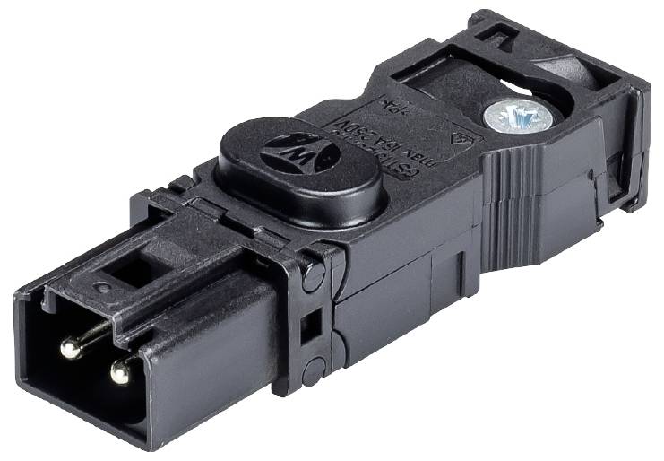 Insert noir en plastique avec deux fiches métalliques, couramment utilisé dans le domaine électrique. Conception compacte avec mécanisme de fermeture.