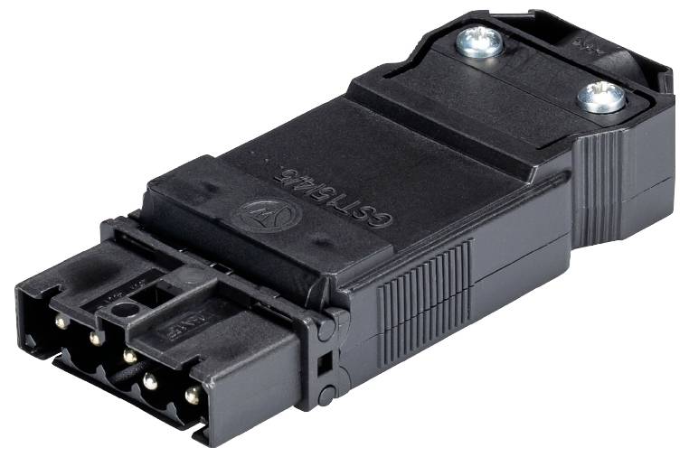 Connecteur électrique noir à broches multiples, de forme rectangulaire, deux vis de fixation visibles en haut.
