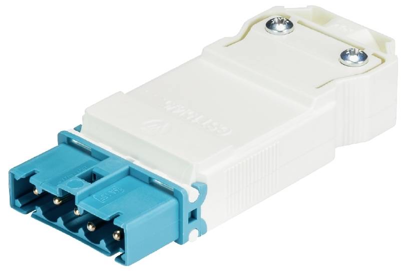 Connecteur électrique blanc et bleu à trois broches métalliques pour la connexion à un appareil ou un câble.