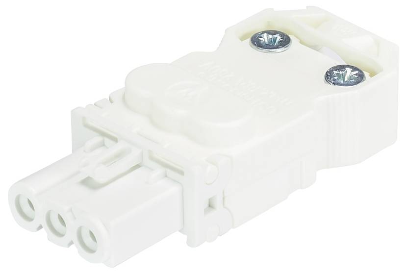 Une fiche électrique blanche à trois broches avec deux vis de fixation.