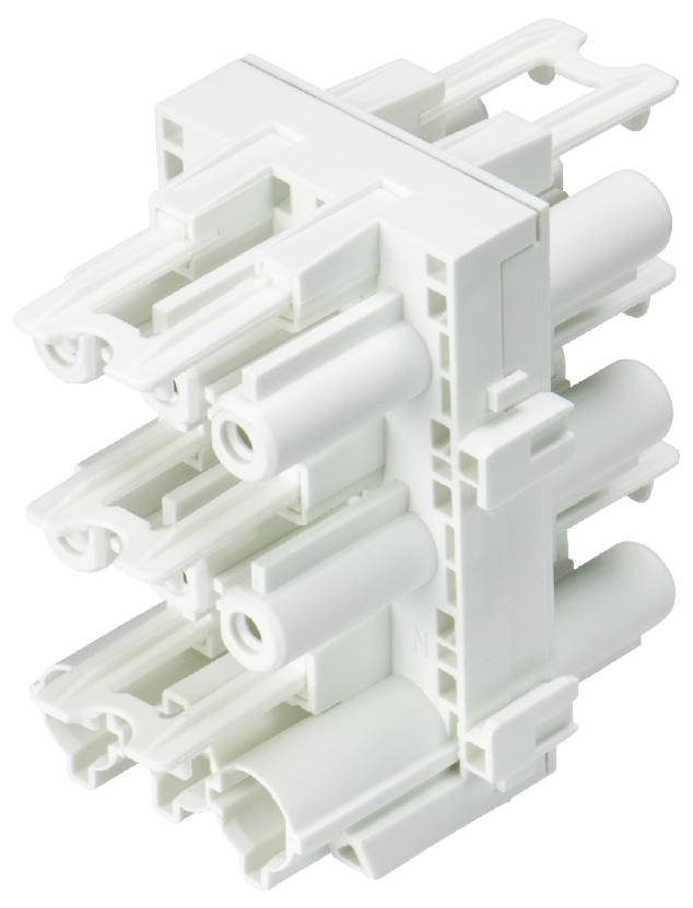 Un connecteur électrique blanc rectangulaire avec plusieurs connexions verticales et horizontales, en gros plan.