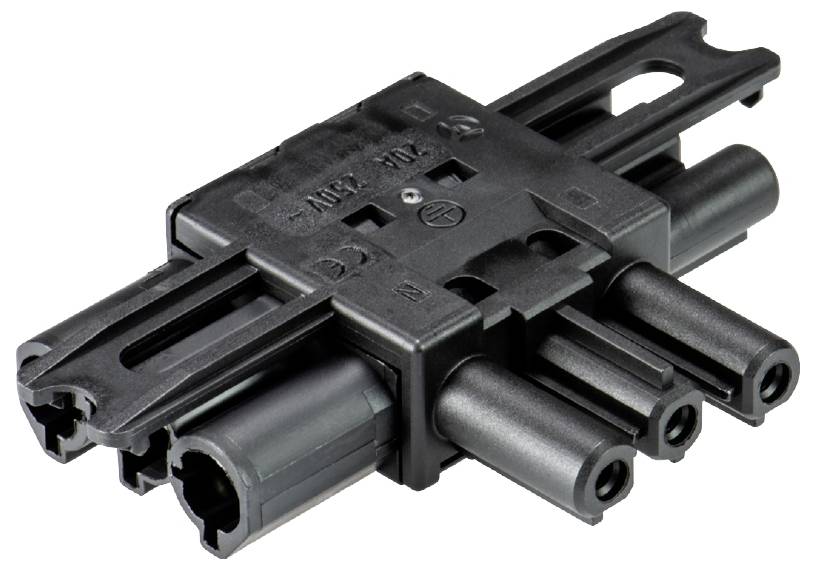 Une prise noire, rectangulaire, avec plusieurs connexions, typiquement utilisée pour des branchements électriques.
