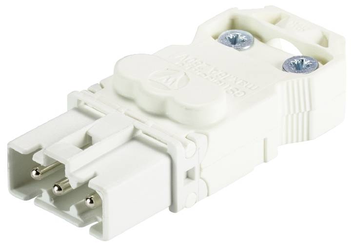 Un connecteur électrique blanc à trois broches avec deux vis visibles pour la fixation.