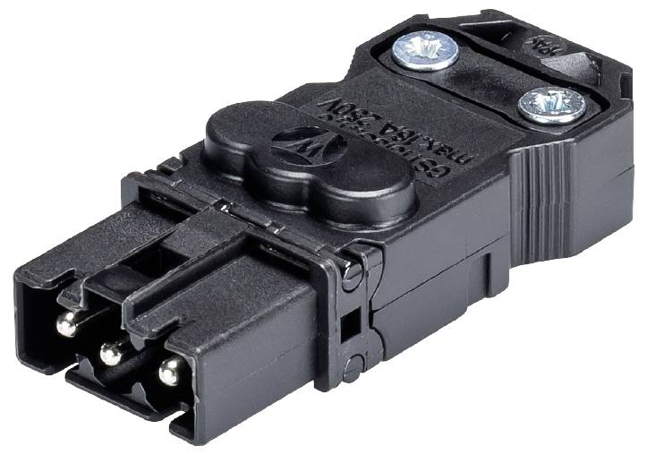 Un connecteur électrique noir avec deux vis visibles et des broches pour relier des appareils dans un circuit électrique.