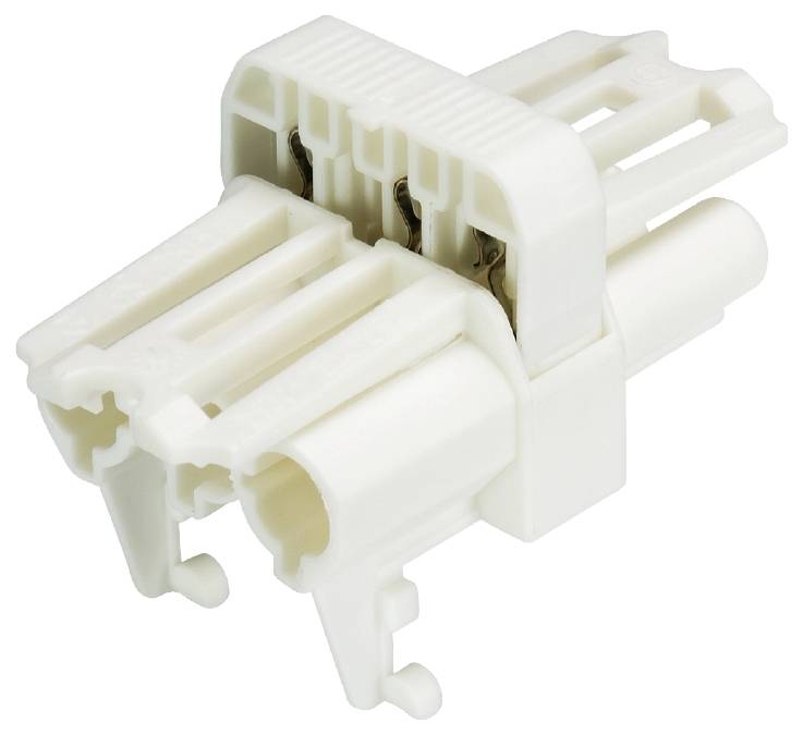 Un connecteur blanc en plastique avec plusieurs fentes et deux parties dentées servant à raccorder des câbles électriques.