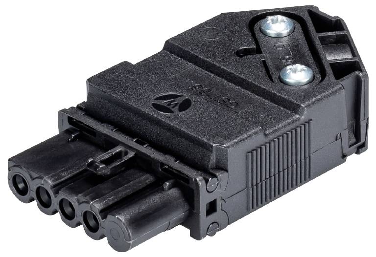 Un connecteur électrique noir à broches multiples, vu de côté, avec deux vis argentées sur le dessus.