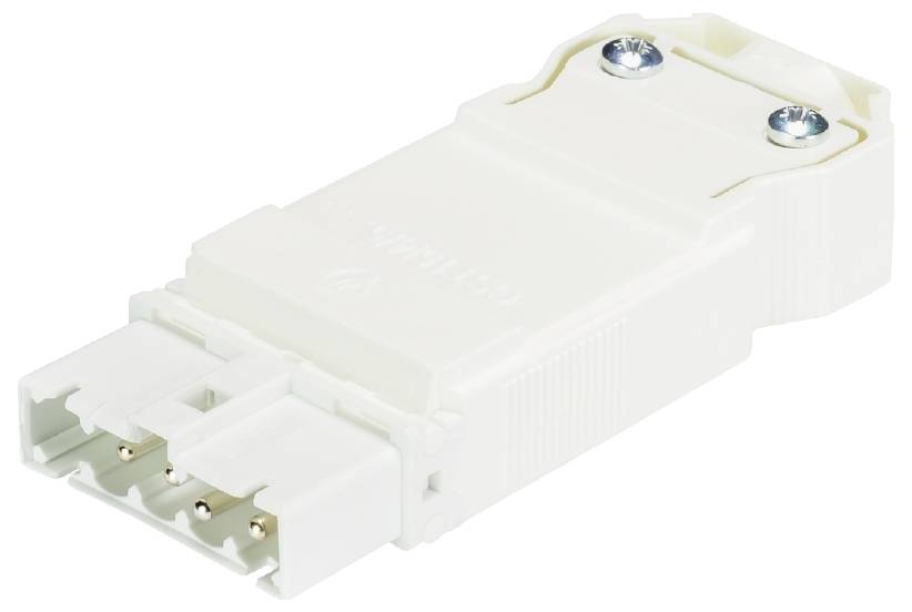 Borne électrique blanche à deux vis de fixation. Utilisée pour connecter en toute sécurité des lignes électriques.