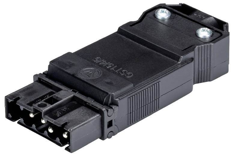 Un connecteur électrique noir à quatre broches, adapté aux applications industrielles. Étroit et rectangulaire avec deux vis de fixation.