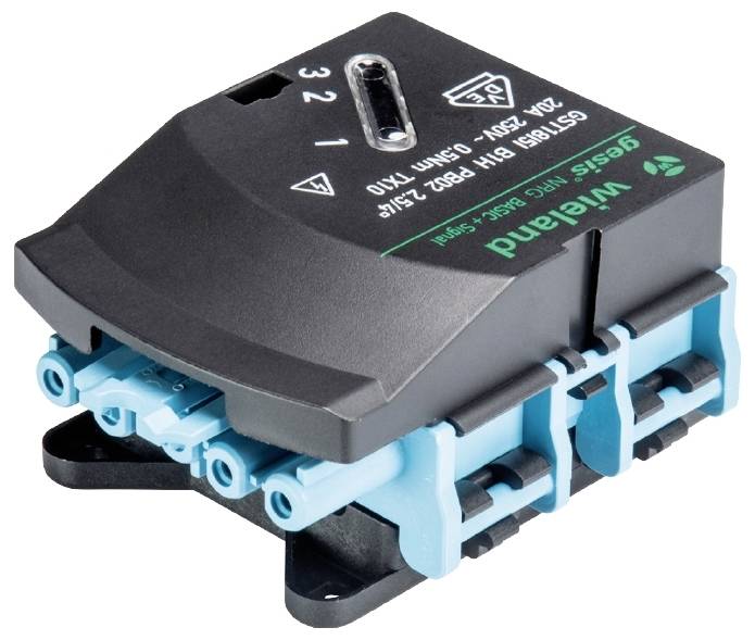 Module électrique avec boîtier noir et connexions turquoise, étiqueté '3 2 1'. Utilisé pour le contrôle de systèmes.