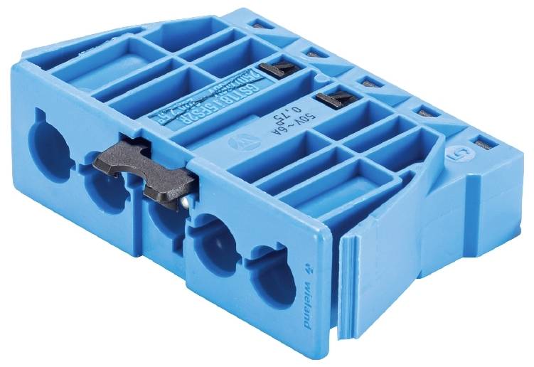 Un bloc de bornes électrique bleu avec plusieurs possibilités de connexion, déverrouillage latéral et spécifications marquées.