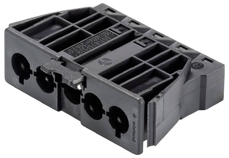 Fiche électrique noir et gris avec plusieurs ports de connexion et un levier pour liaison mécanique.