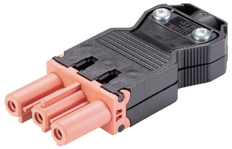 Un connecteur électrique tripolaire noir et rouge avec deux vis de fixation. Adapté pour des connexions électriques sûres.