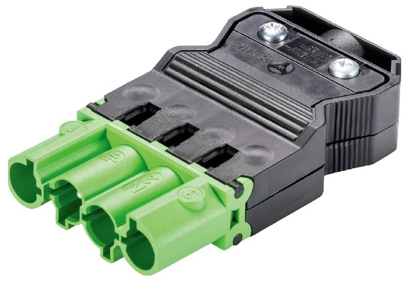 Un connecteur électrique tripolaire vert et noir.