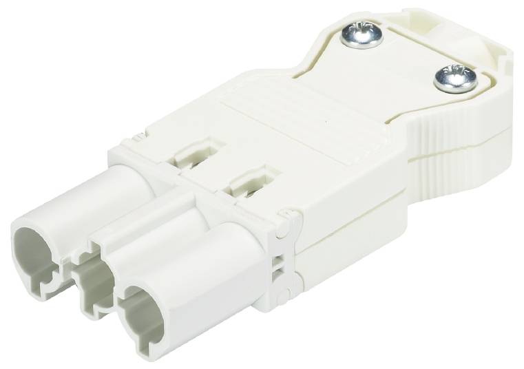Une fiche blanche avec deux bornes de raccordement et deux vis visibles sur le dessus, destinée aux connexions électriques.