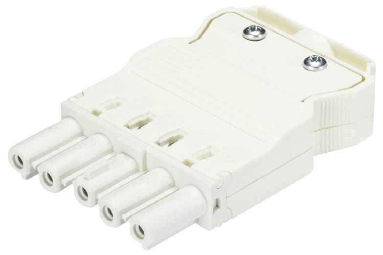 Connecteur électrique blanc à cinq emplacements ronds et vis de fixation, spécialement conçu pour les connexions de câbles.
