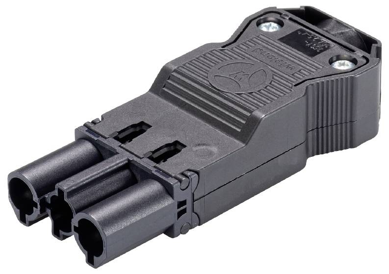 Fiche IEC-Lock noire à deux emplacements, utilisée pour la connexion sécurisée des câbles d'alimentation dans les appareils électroniques.