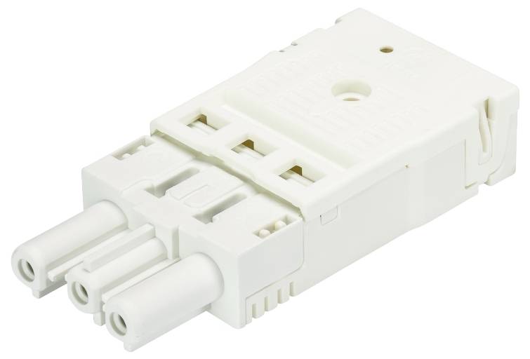 Un connecteur électrique blanc rectangulaire à trois broches, adapté aux connexions de câbles dans des applications techniques.