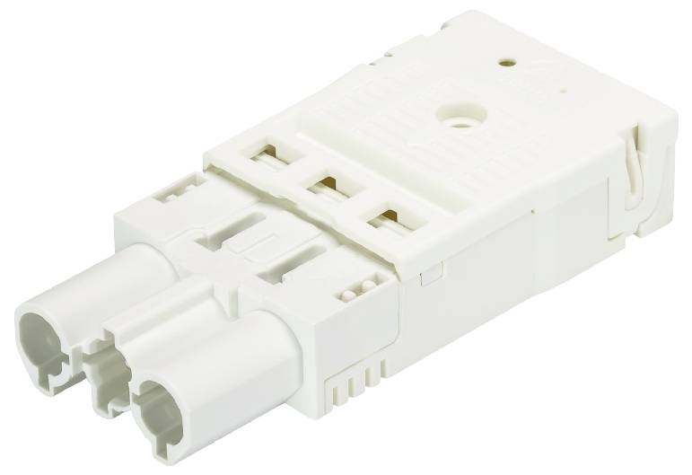 Boîtier de connecteur rectangulaire blanc à 3 pôles, avec plusieurs ouvertures pour la connexion électrique et un mécanisme de déverrouillage latéral.
