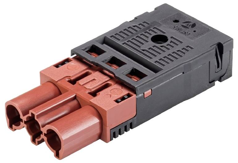 Connecteur 'Stäubli CombiTac', rectangulaire, rouge et noir, avec deux prises. Utilisé pour des connexions modulaires dans des applications industrielles.